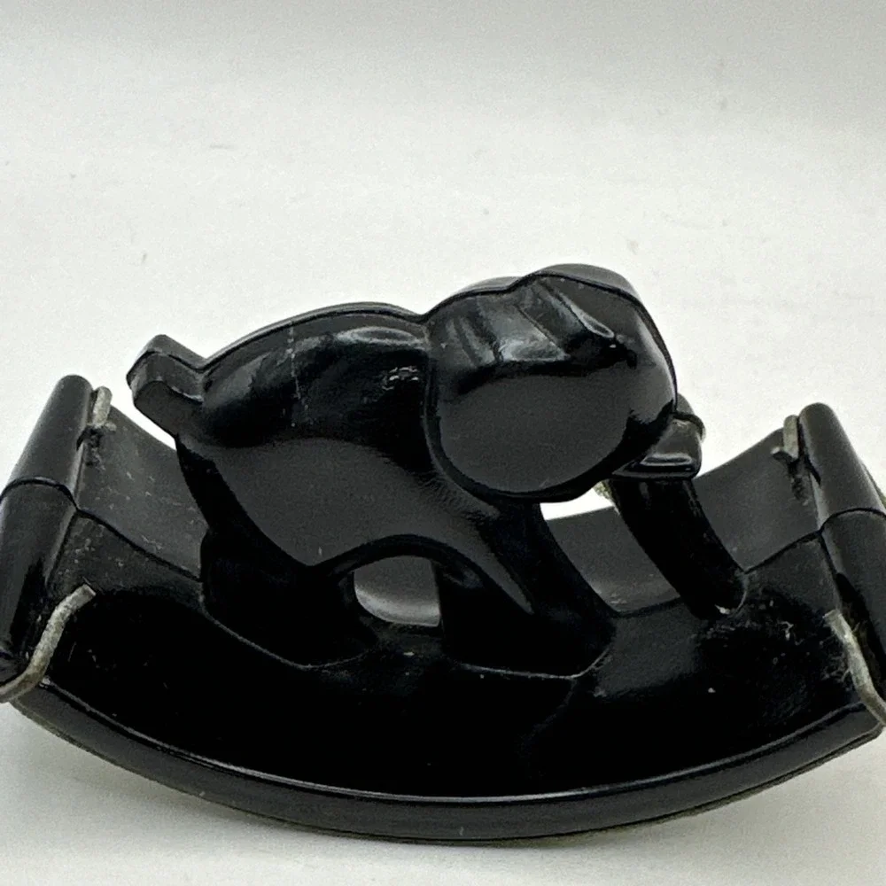 1920-30s HOUZE Glass Black Elephant Rocking Ink Blotter w/Clips & Cloth